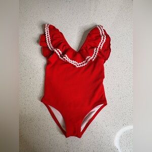 Janie & Jack Girls Red One-Piece Swimsuit | Ruffle Trim | Preppy | Size 5 | EUC